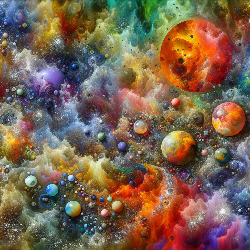 Artistic representation of a bubbling primordial soup with vibrant colors and textures, garnished with hypothetical ancient ingredients.