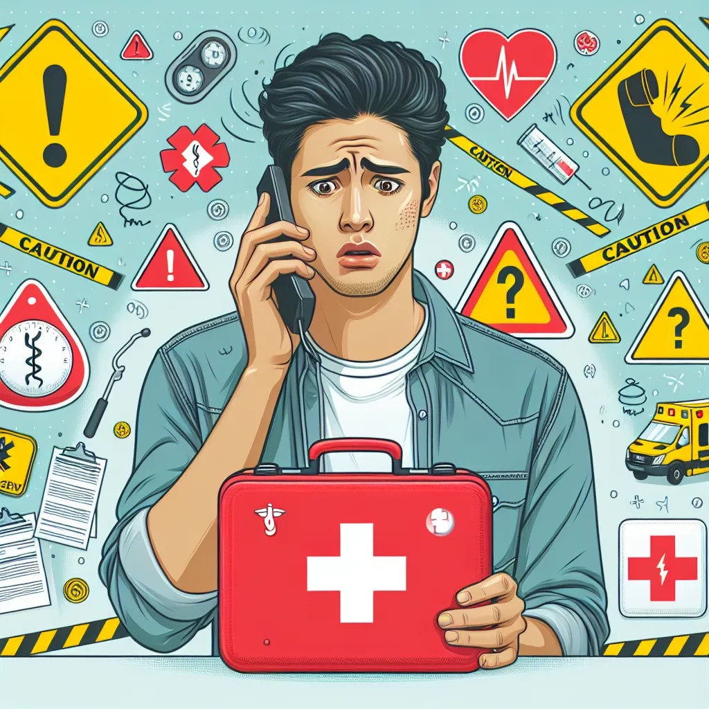 1. Illustration of a concerned person on the phone with emergency services, surrounded by caution signs and a first aid kit.  

2. A classroom scene showing students distracted by smartphones and music, with a graphic of a car and potential consequences like car crashes and injuries in the background.  

3. Depiction of a lifeguard observing from the shore, with a swim line and emergency flotation devices, emphasizing the importance of safety versus entering the water.  