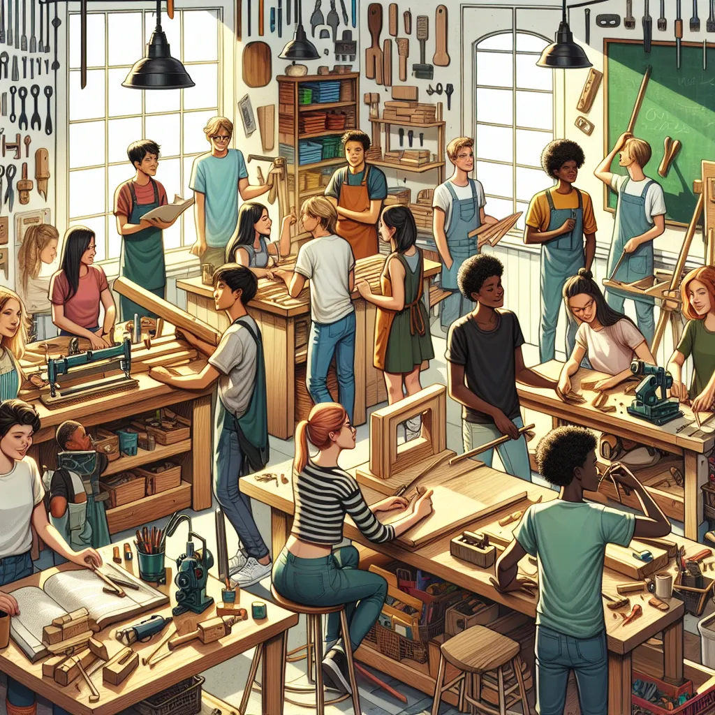 Illustration of diverse students collaborating at a "classroom shop," surrounded by tools and projects, showcasing teamwork and inclusivity.