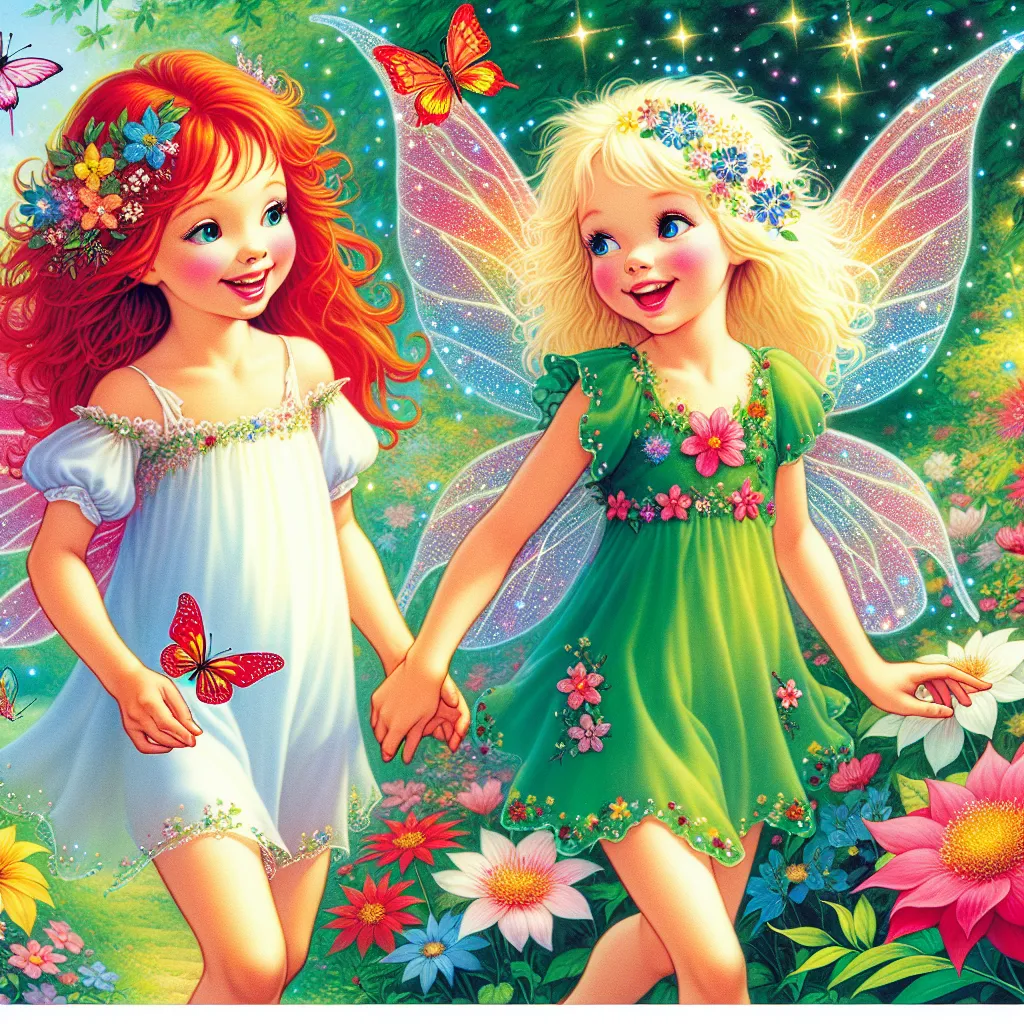 **Image Description:** A vibrant illustration of two young fairies, Bloom with fiery red hair and Stella with blonde hair, walking hand in hand in a lush park. They are surrounded by colorful flowers and butterflies, sharing joyful smiles as they discuss their wish to experience each other's lives. The scene conveys a sense of friendship and magic, with sparkles in the air hinting at their fairy powers.