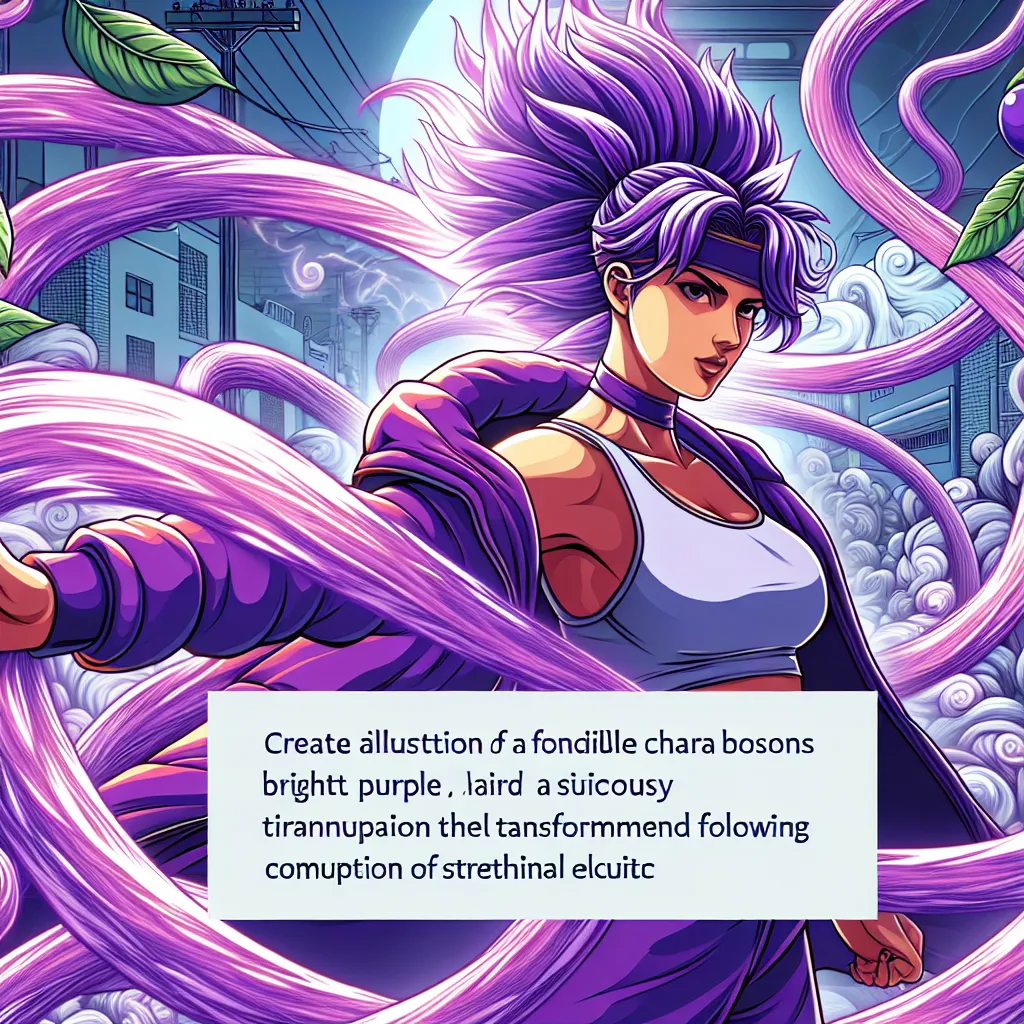 Illustration of a fierce character with vibrant purple hair and a confident stance, surrounded by swirling energy, showcasing her transformation after consuming the Gomu Gomu no Mi devil fruit, with a dynamic background of a street fighter arena merging with a whimsical world of stretching rubber.