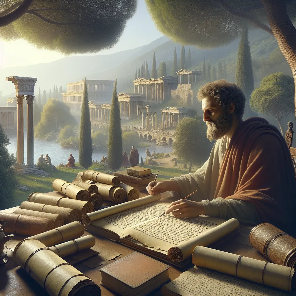 Illustration of an ancient scholar studying texts, surrounded by scrolls and a serene landscape, symbolizing the exchange of ideas between Philo of Alexandria and early Christian theology.