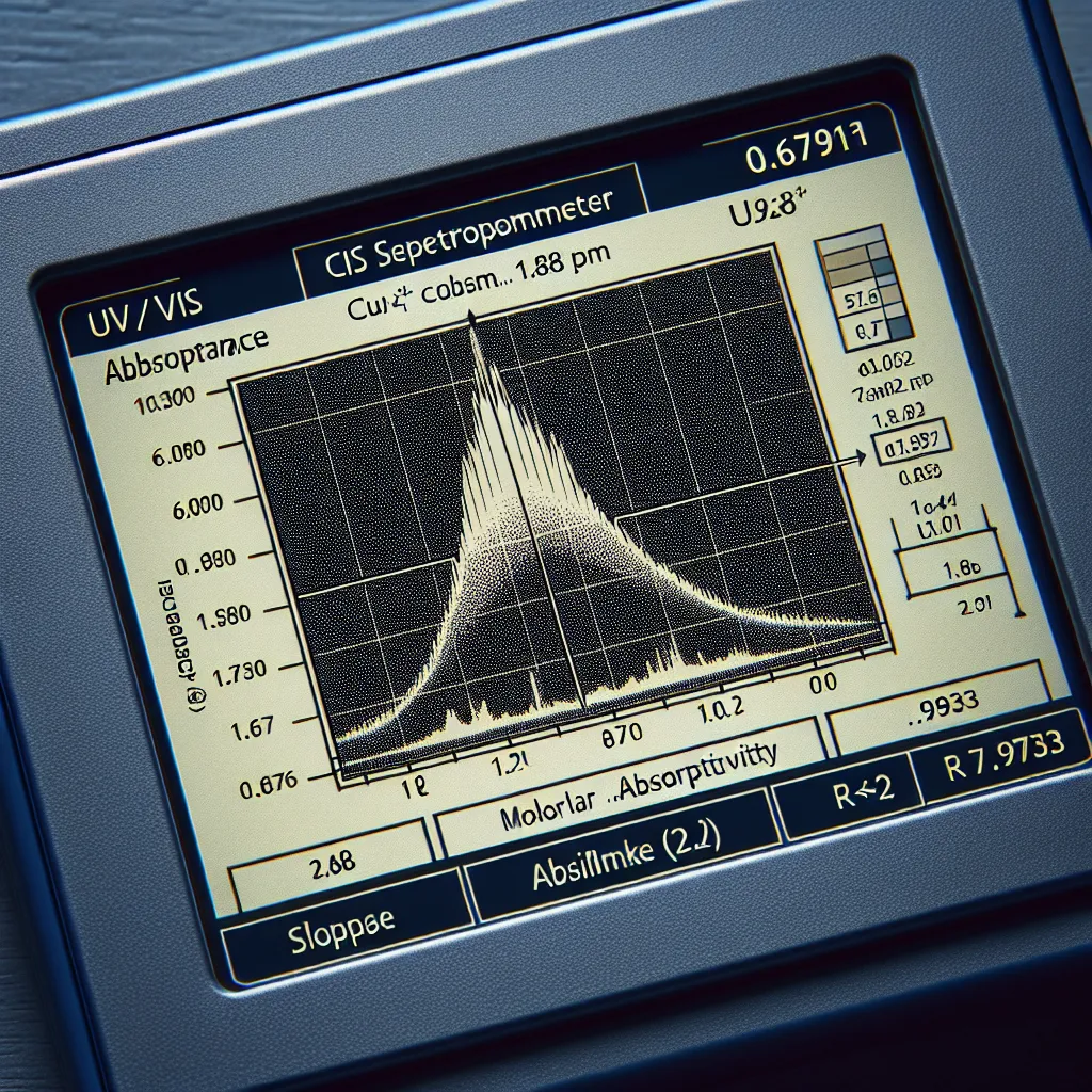 Illustration of a UV/vis spectrophotometer display, showcasing a graph with a data point at absorbance 0.6701 indicating a Cu2+ concentration of 1.78 ppm, with annotations for the slope (0.1998 molar absorptivity) and R^2 value (0.9733).