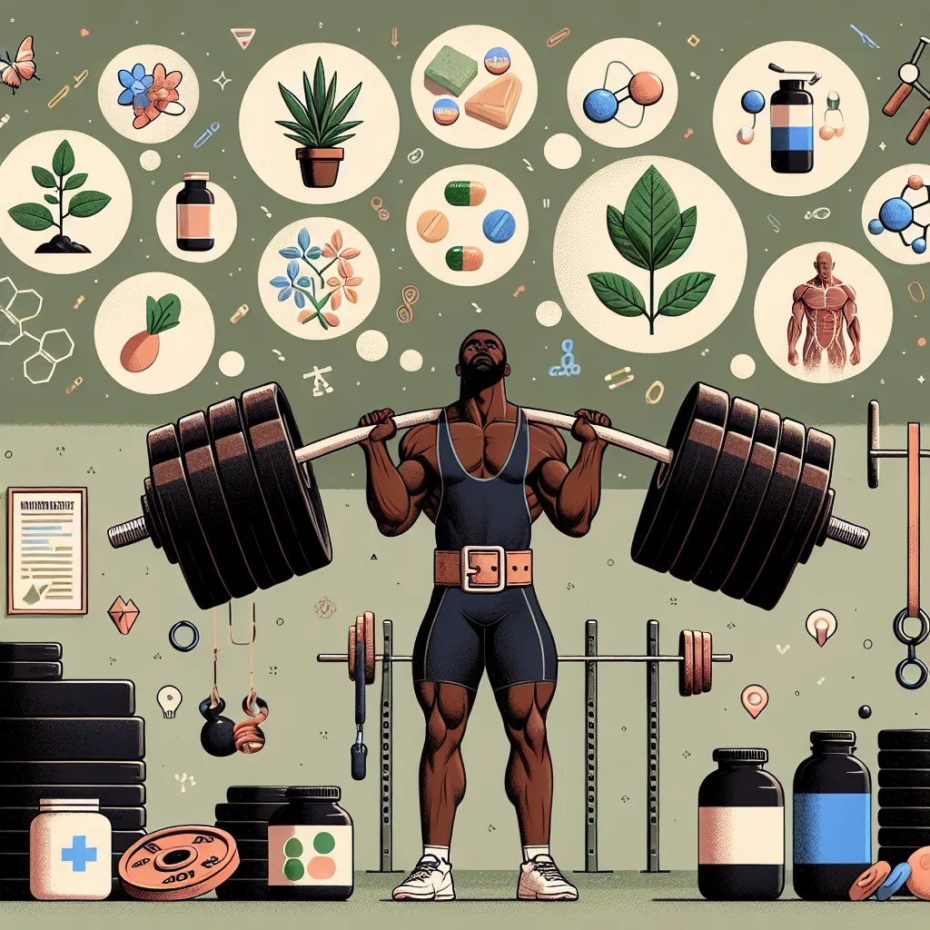 Illustration of a strongman athlete lifting weights, surrounded by symbols of natural supplements and fitness gear, pondering the question of natural versus enhanced training.