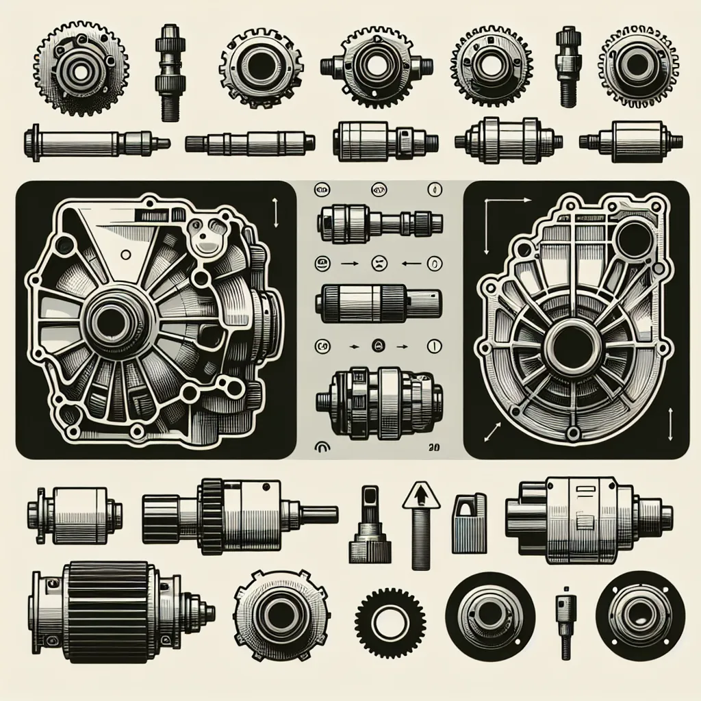 Illustration of various RV gearbox components with labels, alongside logos of manufacturers known for producing RV gearboxes.