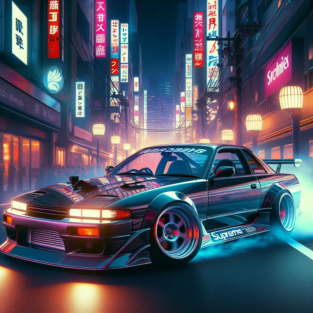 Digital illustration of a sleek 2002 Yokoda Supreme MK4 drifting on a neon-lit Tokyo street at night, tires smoking and a slight angle to show reduced grip.
