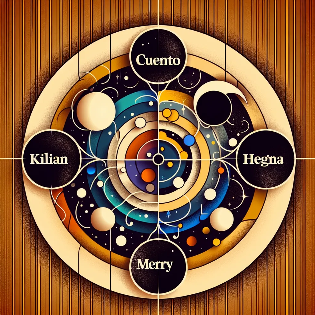 Cuento, Kilian, Henry, Regina, Maldición in an abstract style