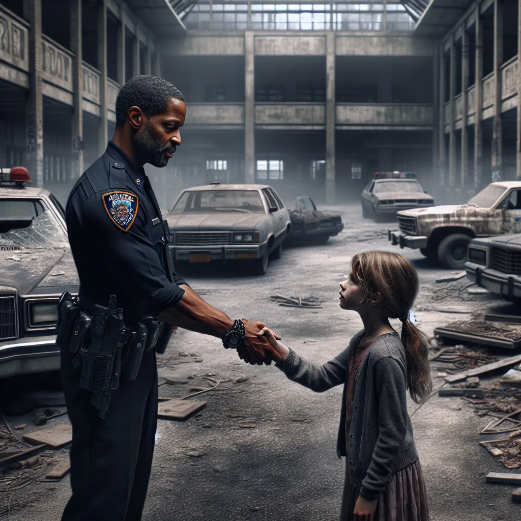 The image illustrates a tense moment from the story, showing the protagonist, a New York City policeman, reuniting with his daughter in the eerie, deserted school. The schoolyard is strewn with abandoned cars and hints of chaos, reflecting the apocalyptic scenario. The gritty textures and the muted tones convey the urgency and bleakness of their reality.