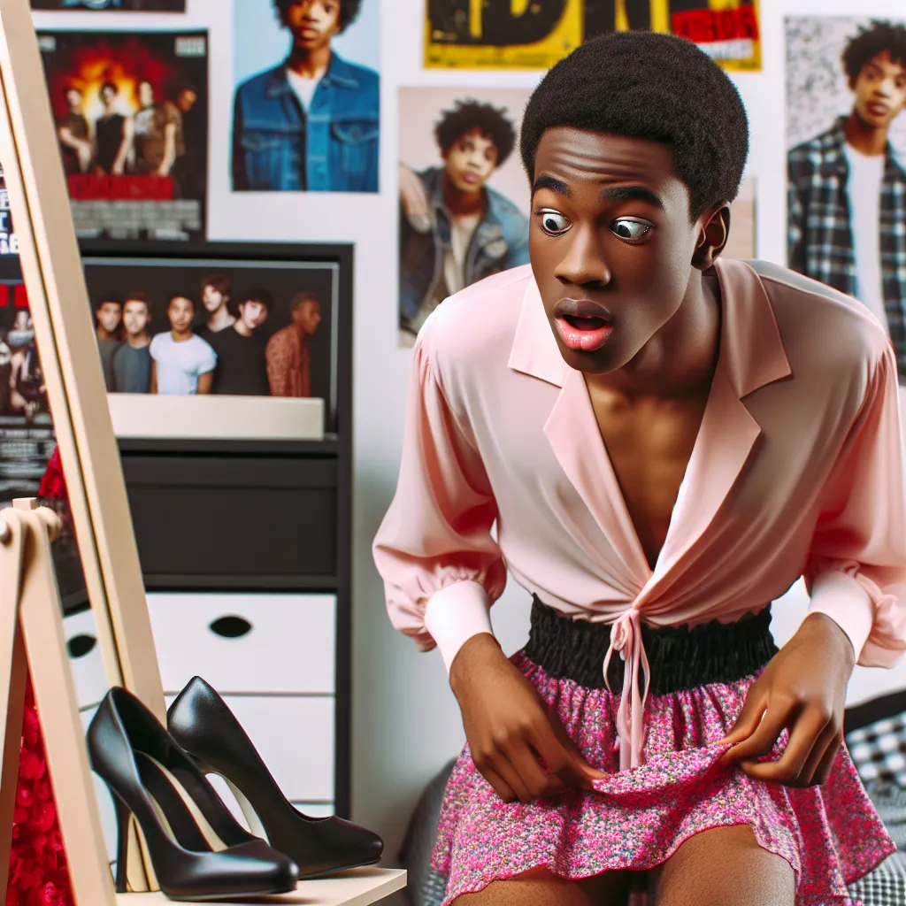 Photo of a teenager looking surprised and amused as he examines his reflection, realizing he's dressed in women’s clothing.