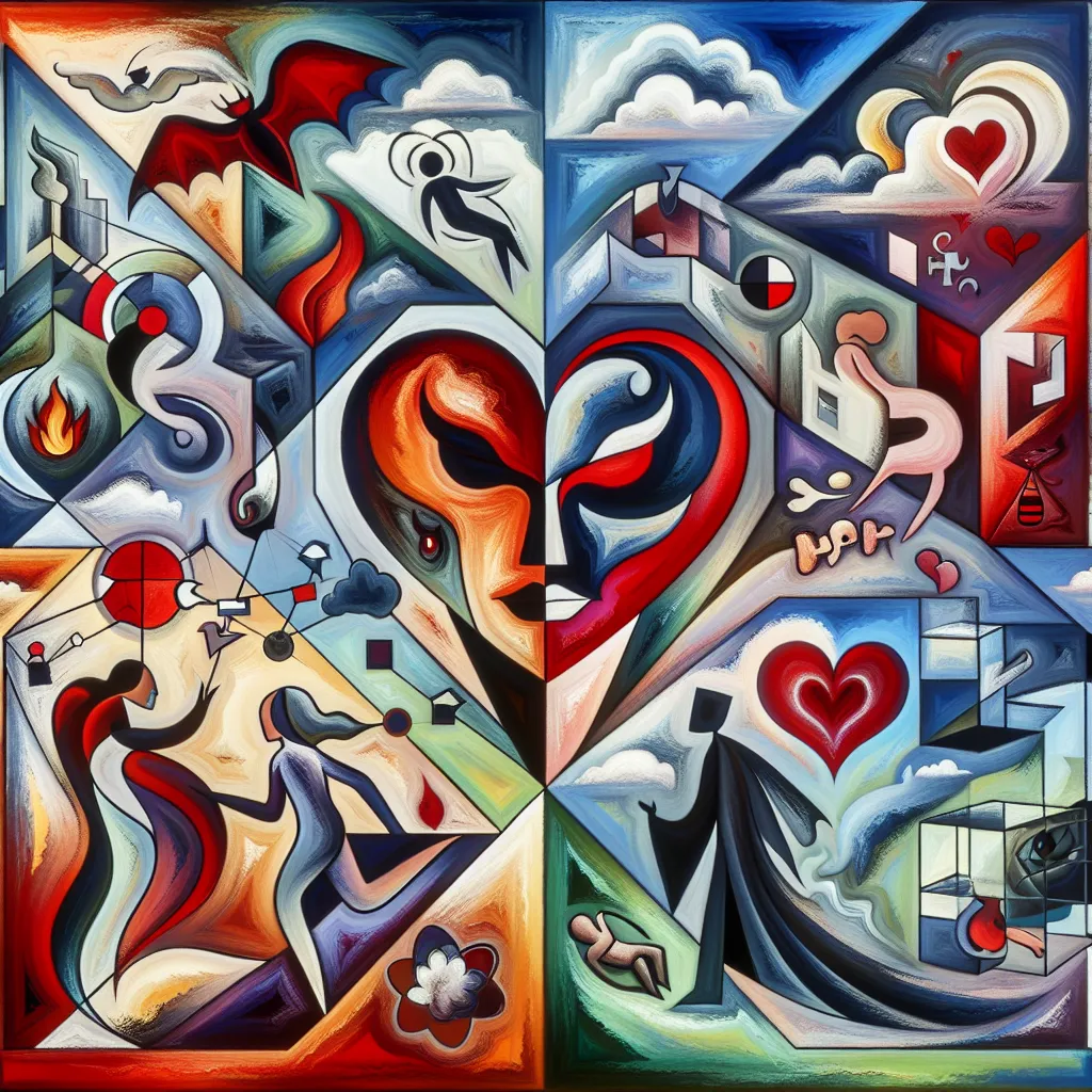 Cuento, Villano, Transformación, Amor, Conflicto in an abstract style