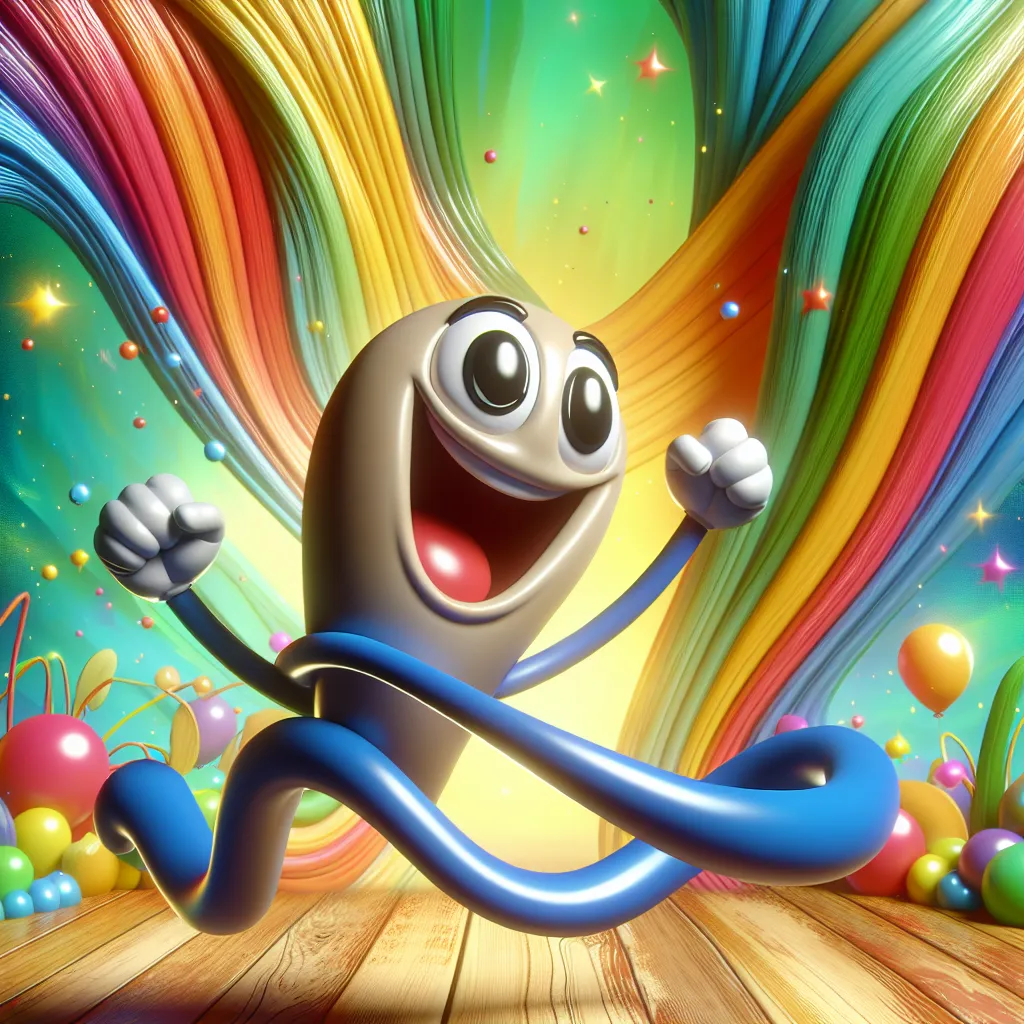 Image of a cartoonish character with exaggerated elastic features, happily bouncing in a colorful, vibrant setting, showcasing a playful and whimsical atmosphere.