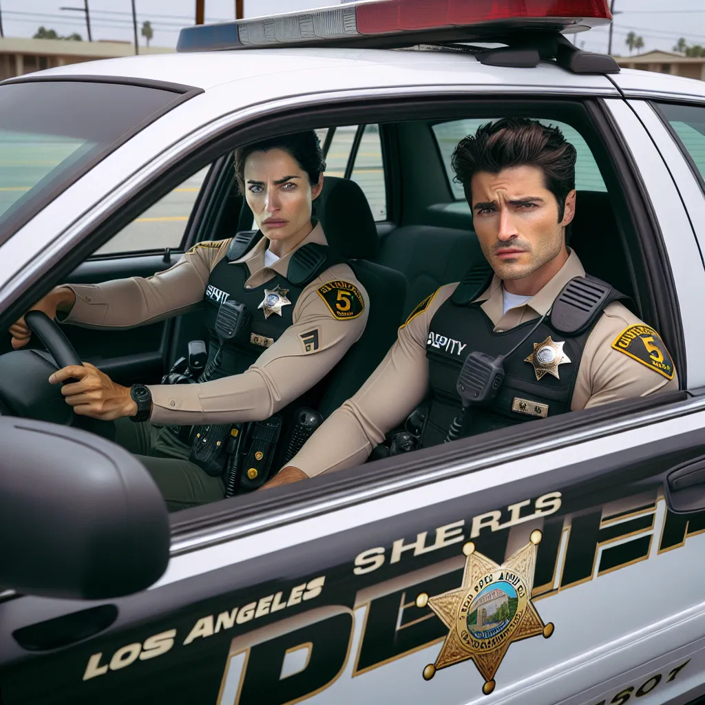 Illustration of two Los Angeles Sheriff’s department deputies, a male and female, in their police uniform sitting inside a white Ford Crown Victoria cruiser, with a “5” on the roof, looking focused as they receive a radio call.