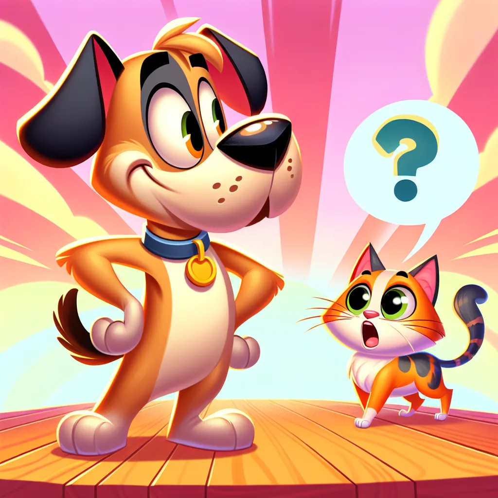 Illustration of Dudley Puppy confidently standing with his paw on his hip, facing Kitty Katswell, who is looking surprised, in a colorful cartoon setting.