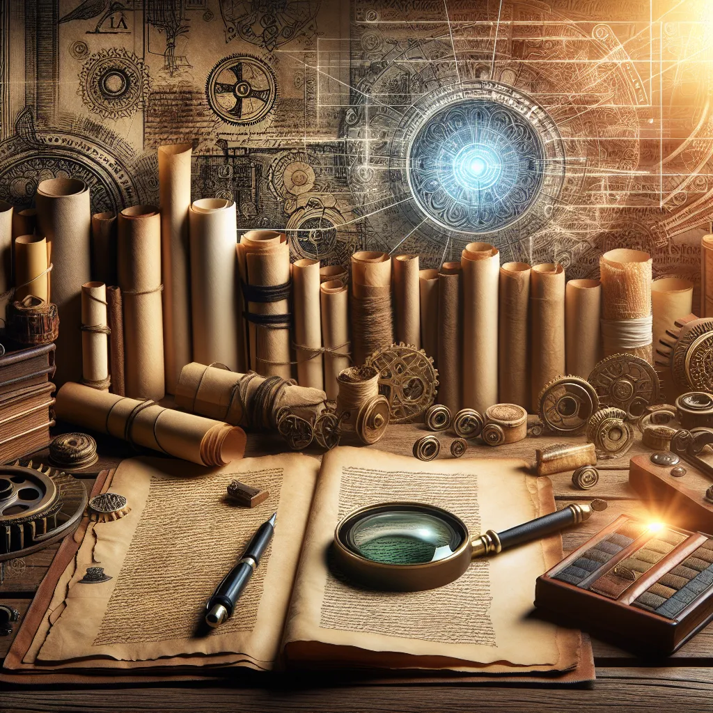 Illustration of ancient scrolls and artifacts laid out on a wooden table, with a backdrop of historical texts, symbolizing the search for evidence of historical figures.