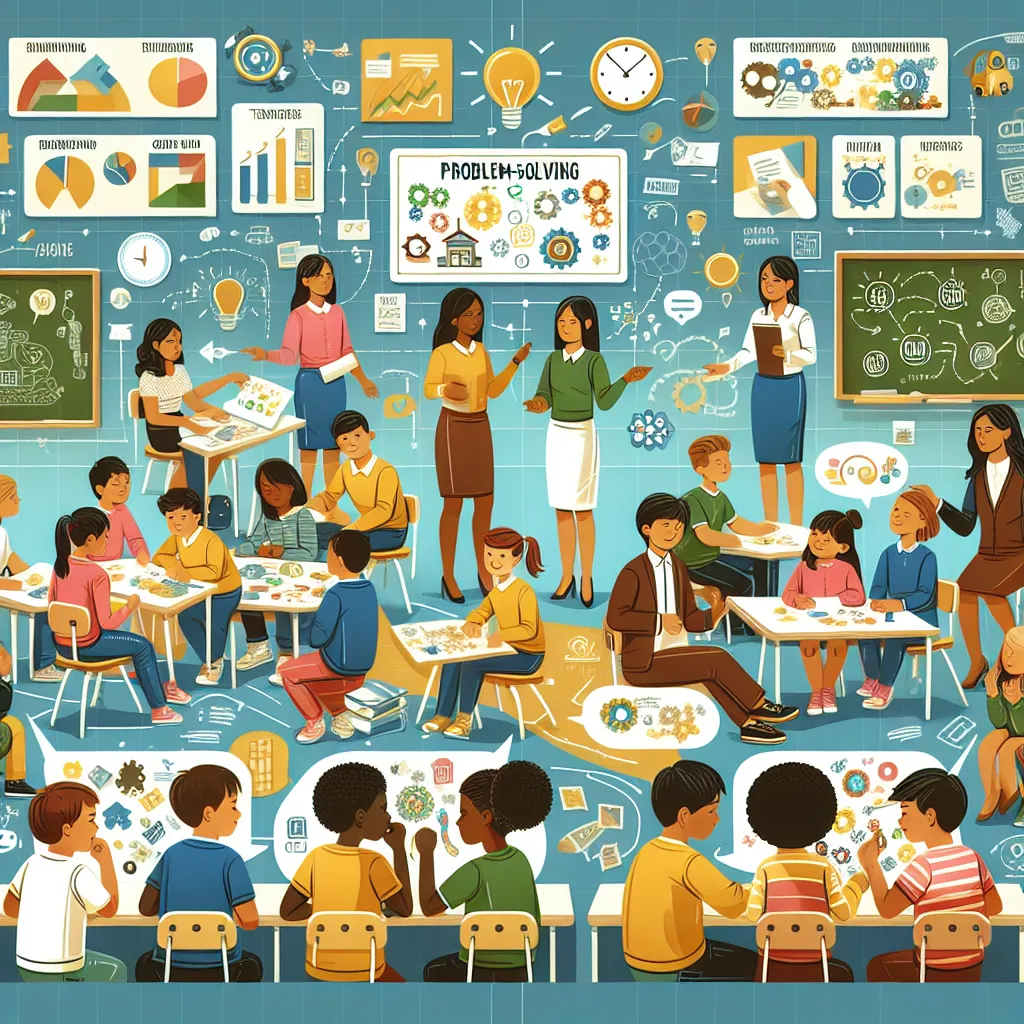 Infographic illustrating a classroom scene where teachers and students collaboratively engage in problem-solving activities, showcasing diverse strategies and their impact on curriculum implementation.