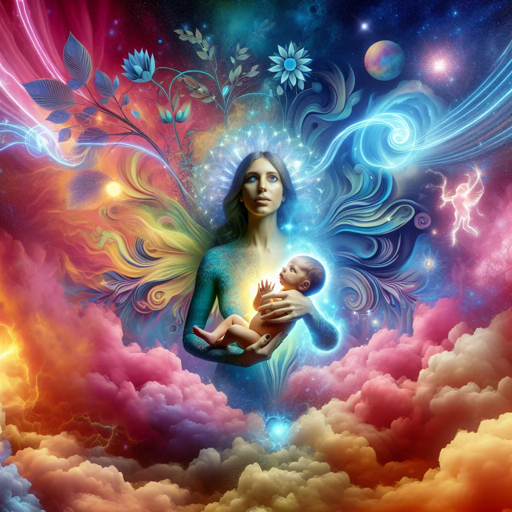 Illustration of a fantastical scene showing a woman and a newborn sparkling with magical energy as they swap places, surrounded by whimsical clouds and bright colors.