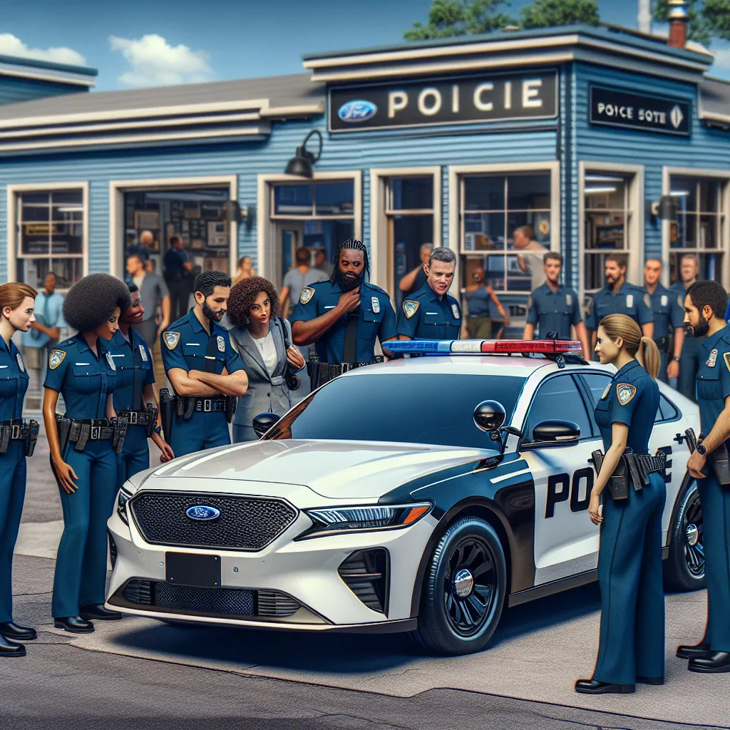 Image of a brand new Ford Crown Victoria police car parked outside a bustling police station, with officers admiring the vehicle and discussing its features.