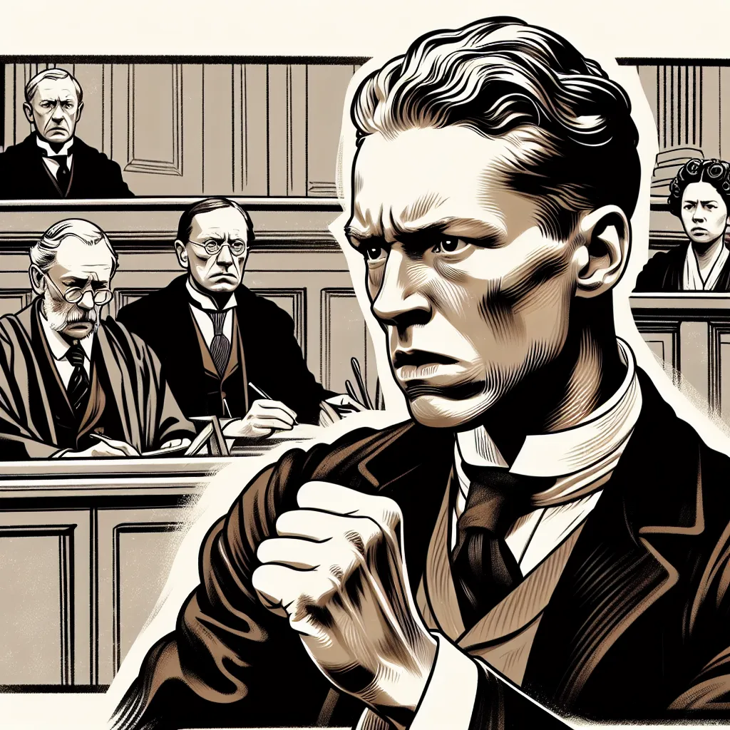 Illustration depicting a tense scene from "The Crucible," featuring Giles Corey with a determined expression as he undergoes an intense moment of conflict, set against the backdrop of a dramatic courtroom.