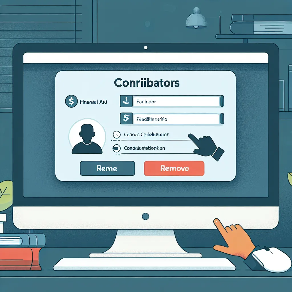 Illustration of a computer screen displaying the FAFSA form interface, highlighting the section where contributors are listed, with a focus on the option to remove a contributor.