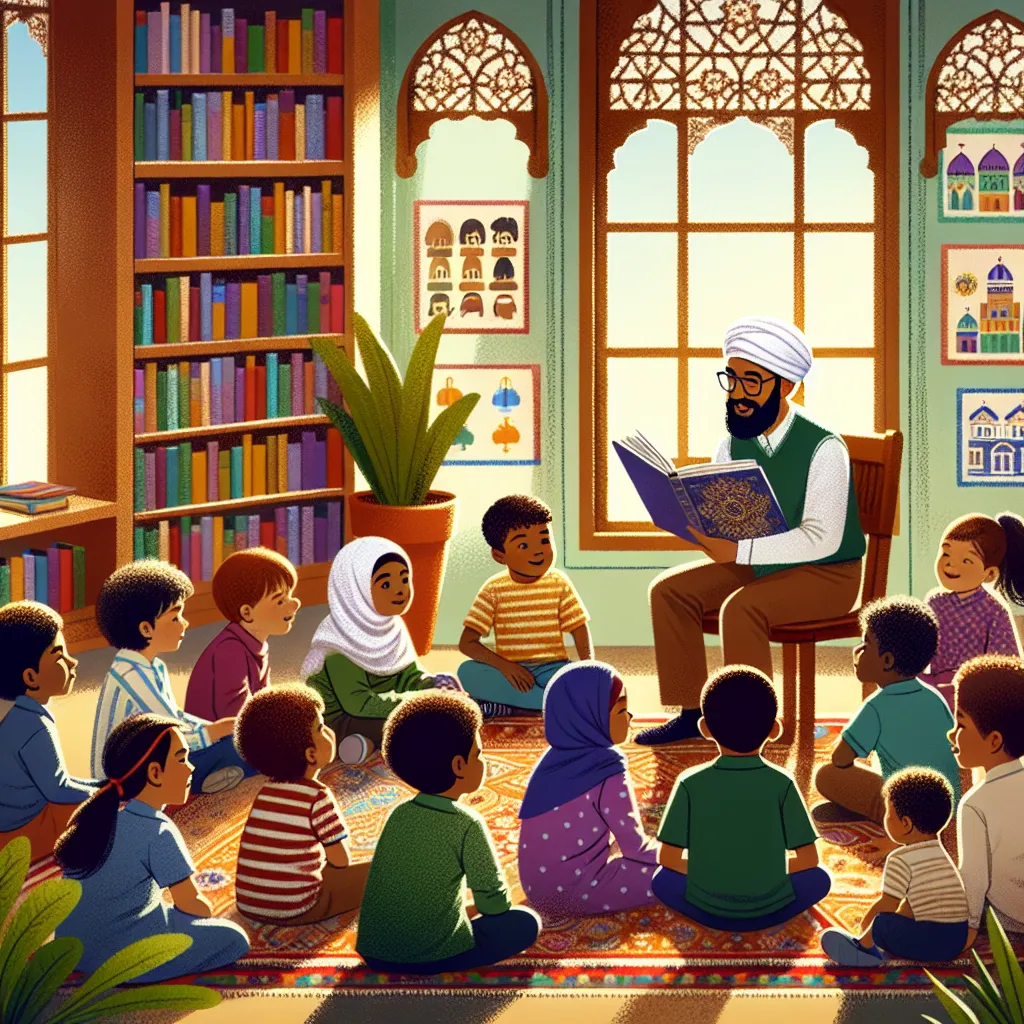 Illustration of a teacher reading aloud to young children in a classroom, surrounded by books and engaged expressions.