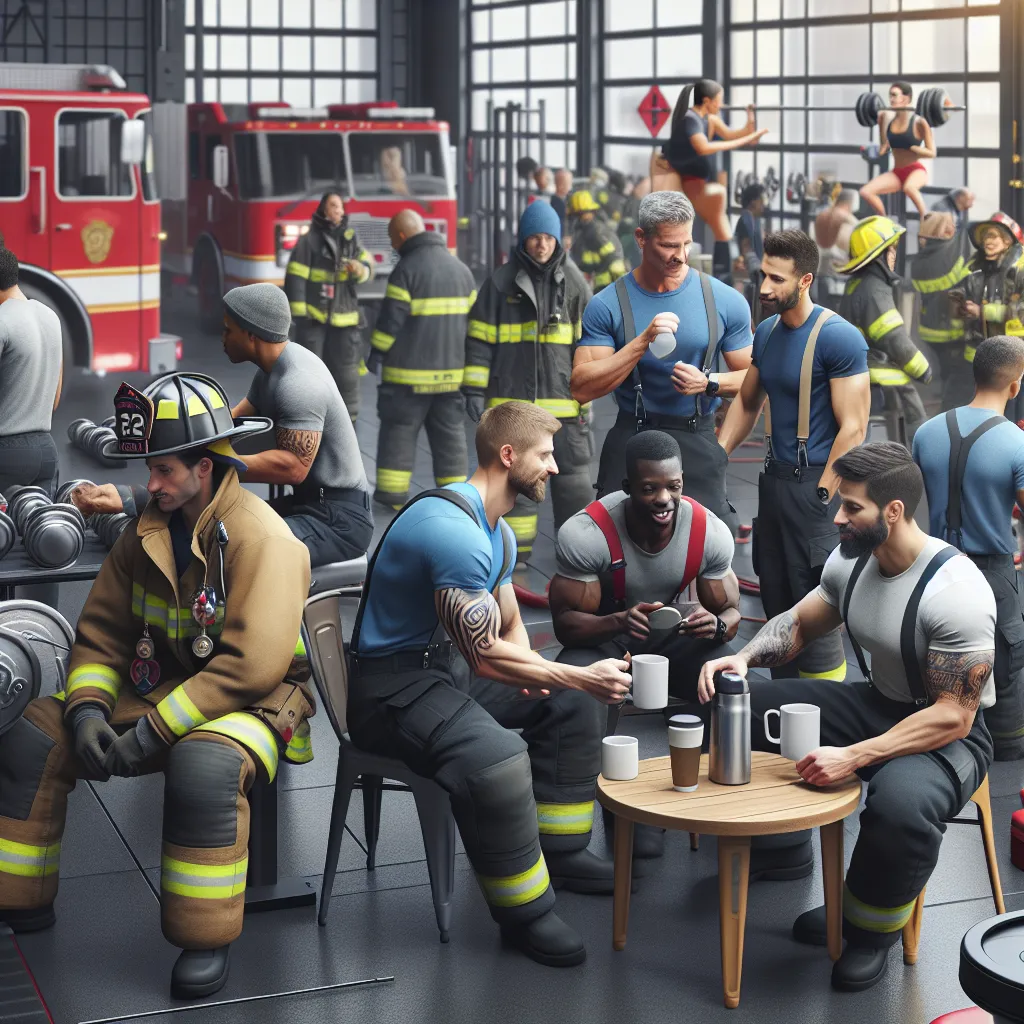 Photo of a lively fire station with firefighters prepping their gear, chatting casually over coffee, and getting ready for the day. In the background, a gym area shows some firefighters lifting weights and encouraging each other.