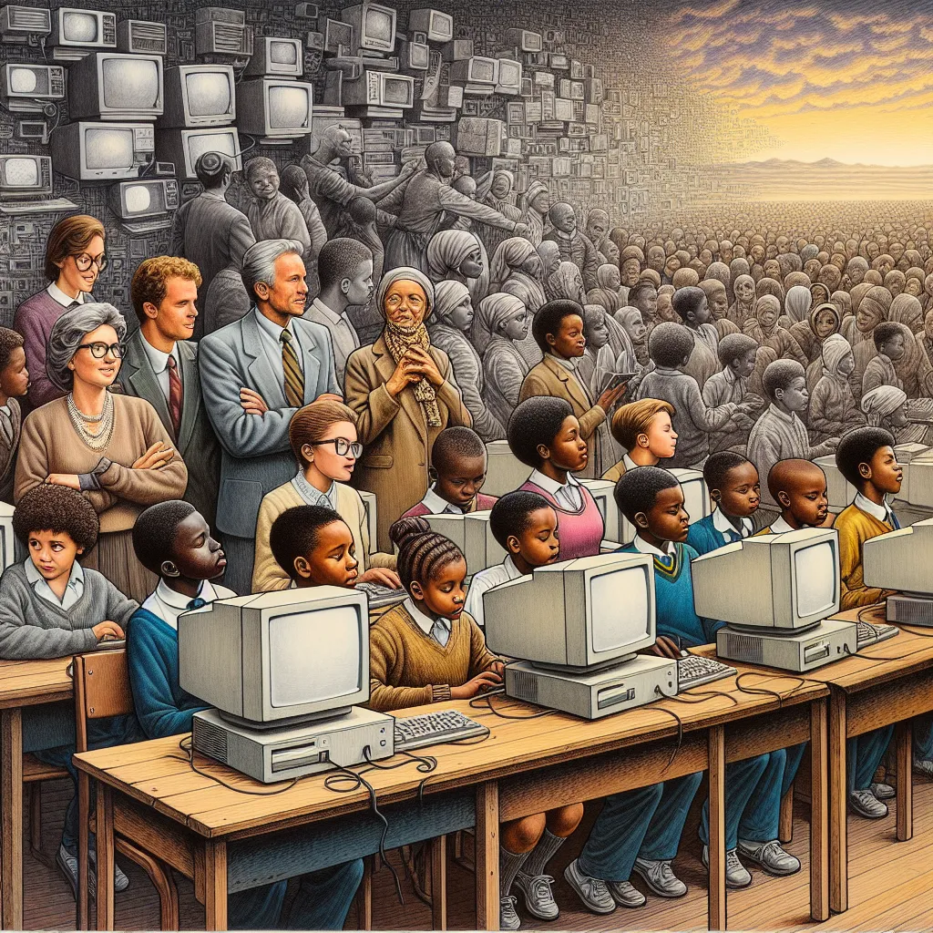 Image of a classroom in South Africa with students and a teacher looking at outdated computers, highlighting the challenge of integrating modern ICTs into education.