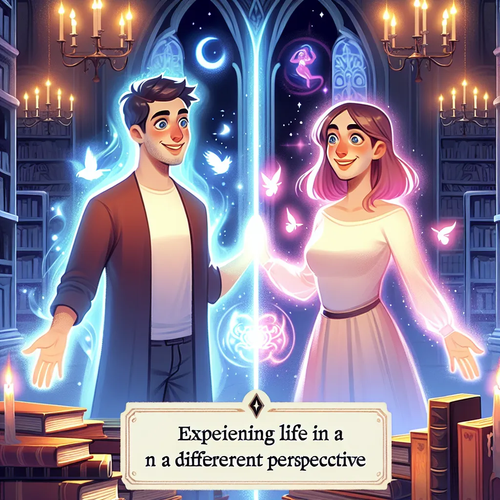 Illustration of two characters, John and Tori, in a mystical library surrounded by glowing books, with a magical aura highlighting their expressions of curiosity and excitement about body swapping.