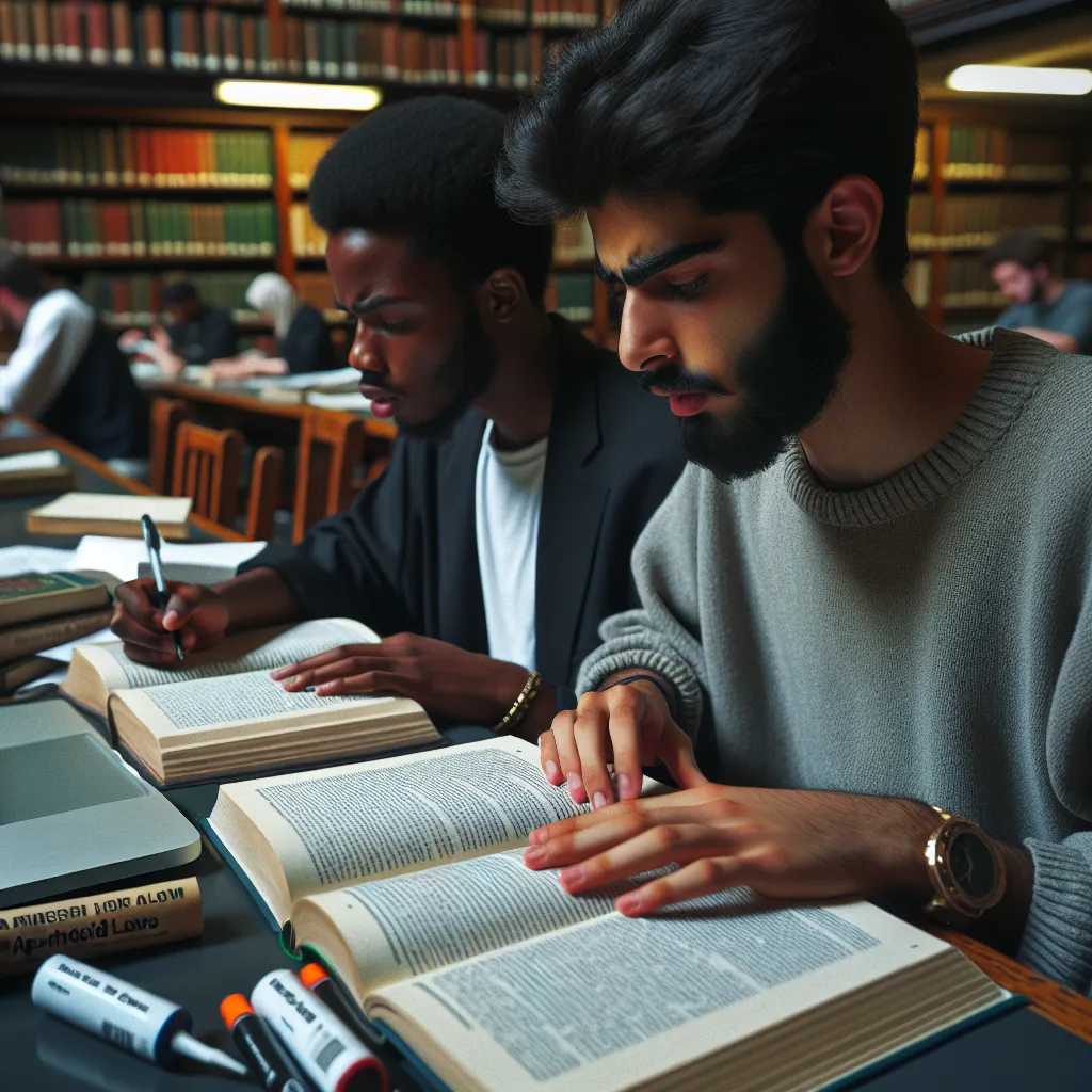 Image of two students studying apartheid laws at a library table with books and a laptop.