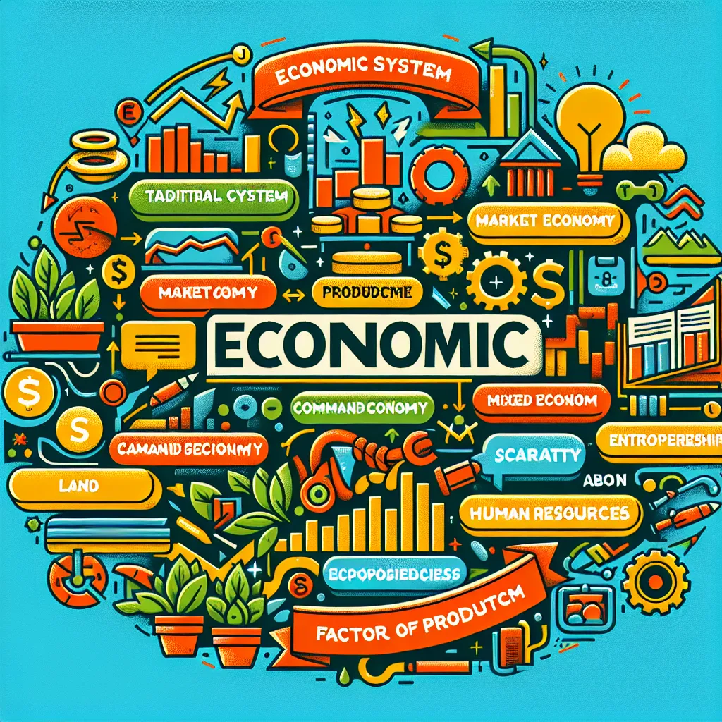 Illustration featuring a colorful infographic that visually defines key economics terms: Economics, economic system, traditional economy, market economy, marketplace, produce, command economy, mixed economy, scarcity, factors of production (land, labor, capital, entrepreneurship), natural resources, human resources, and productivity.