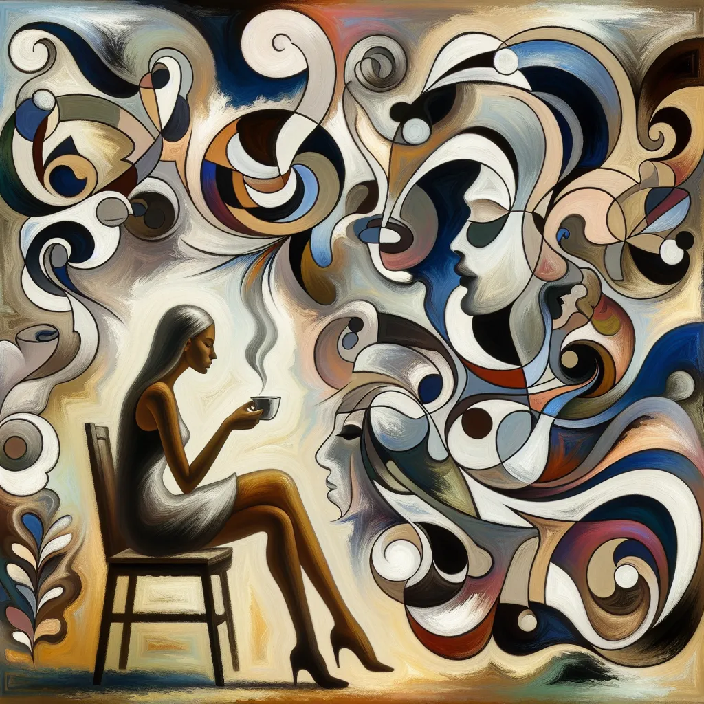 Woman, Chair, Coffee, Magical, Transformation in an abstract style