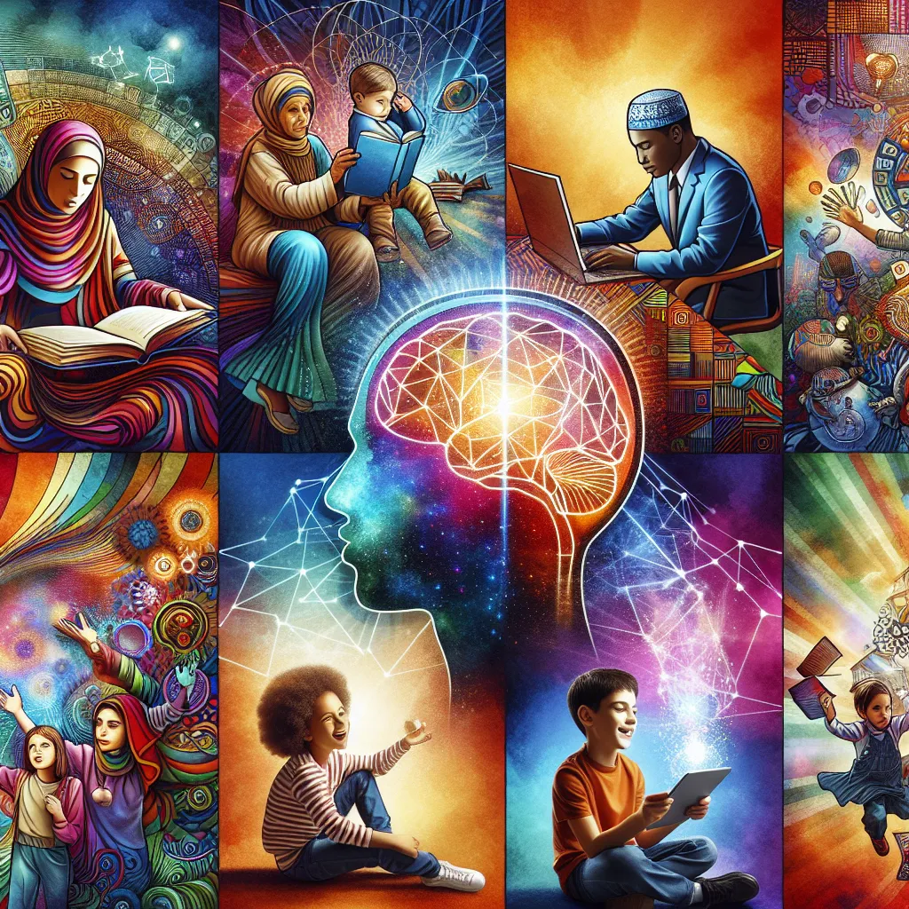 A vibrant collage depicting various scenes: a person reading a book, another commenting on a laptop, someone searching on a tablet, a mind awakening with light, children playing, and abstract visuals representing influence and imagination.