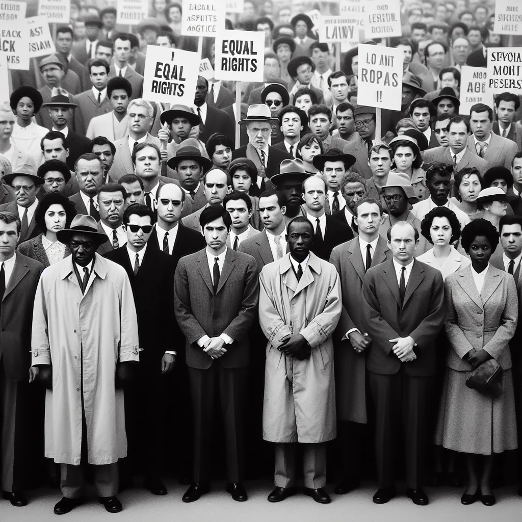 Image description: Black and white photograph depicting a diverse group of people standing in protest against apartheid legislation, holding placards demanding equal rights and justice.