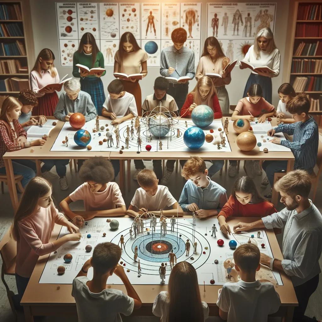 Image of a classroom with students engaged in a solar system model activity, showcasing planets and diagrams on display.