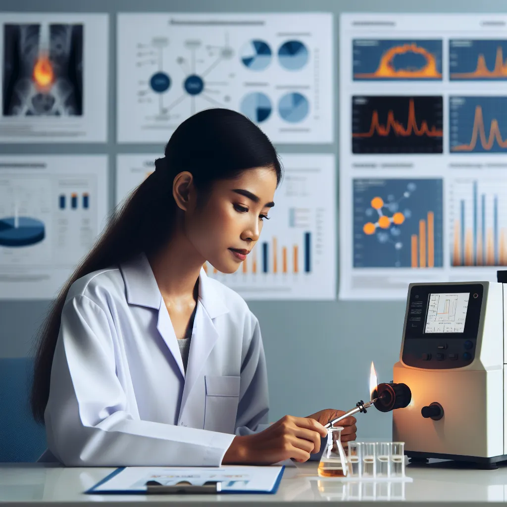 Image of a scientist using a flame atomic spectrophotometer to analyze samples in a laboratory, with charts depicting the results.