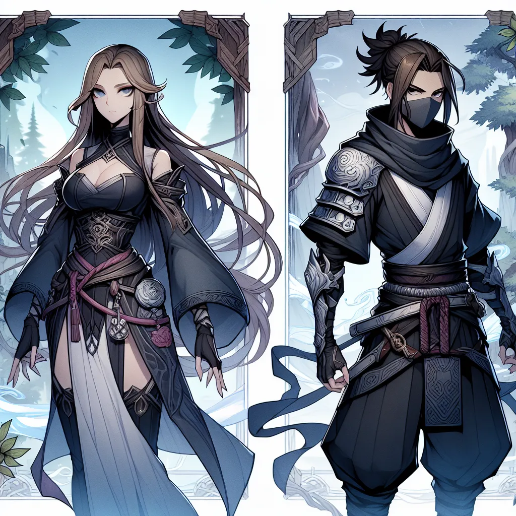 Ilustrasi fantasi yang menampilkan dua karakter, Sasuke dan Hinata, dalam wujud masing-masing. Sasuke dengan gaya rambut panjang dan pakaian ninja wanita, sementara Hinata mengenakan pakaian ninja pria dengan gaya rambut pendek. Latar belakang menunjukkan hutan ninja yang misterius.