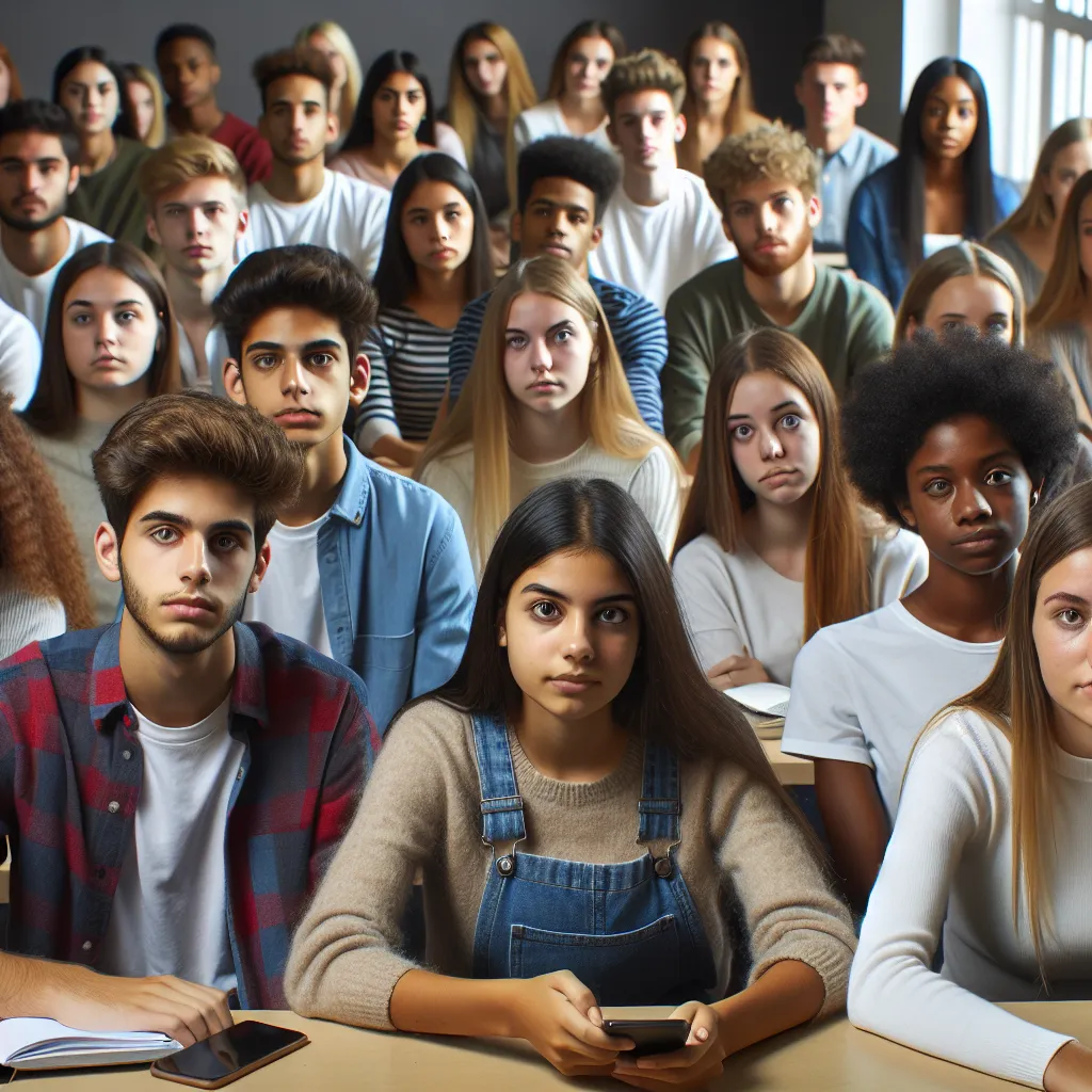 Illustration of a diverse group of high school students, some holding phones and others with thoughtful expressions, gathered in a classroom setting.