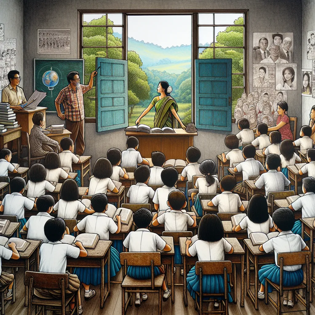 A collage image depicting a classroom in a rural school with a teacher facing challenges: limited resources, diverse student needs, and a lack of technology, surrounded by nature outside the window.