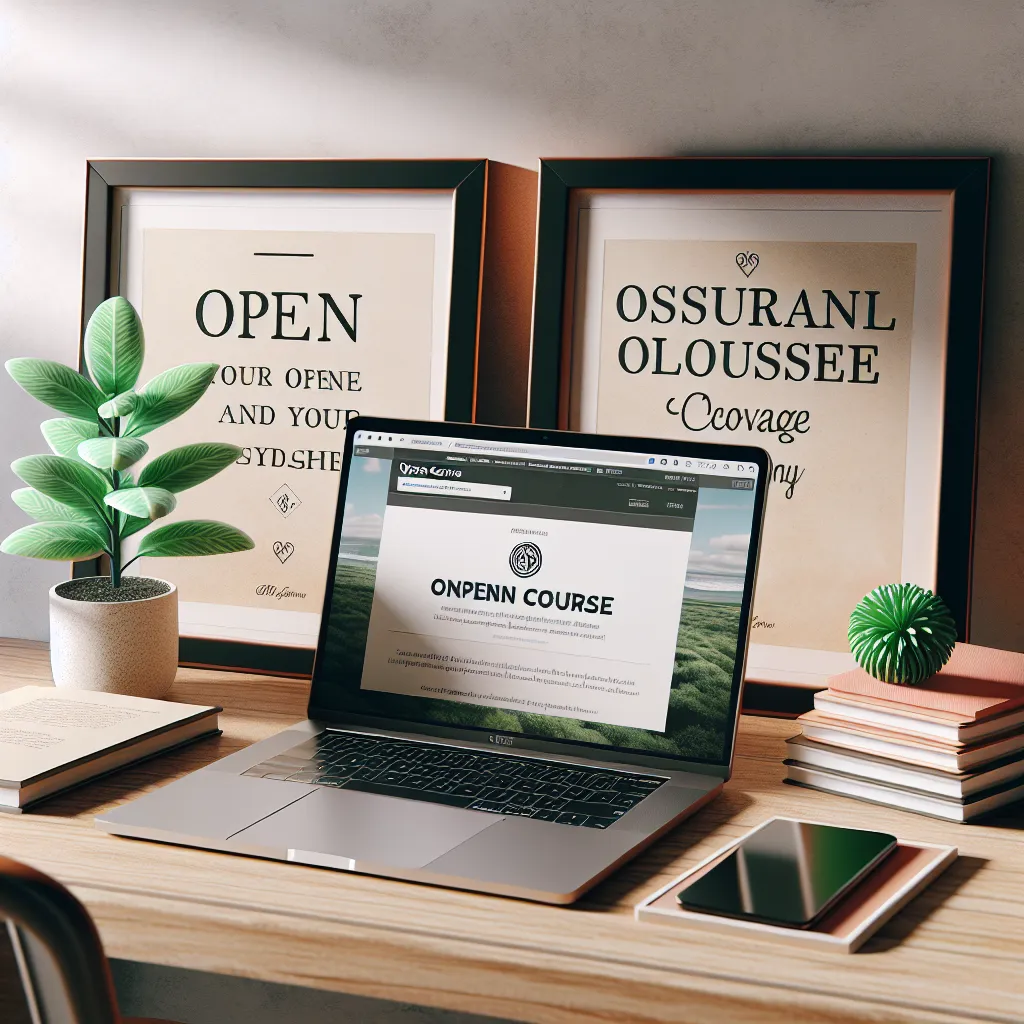 A motivational poster featuring a laptop on a desk with an open course webpage, surrounded by inspirational quotes and a plant, symbolizing growth and learning.