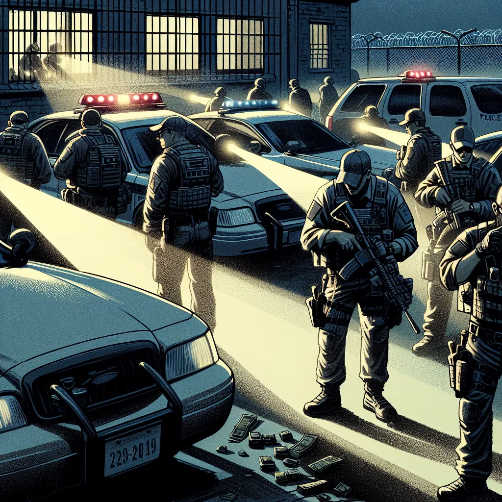 Illustration of a tense nighttime scene outside a police station, with officers in military-style gear taking cover near parked cruisers. Spotlight beams cut through the darkness, illuminating the worried faces of officers as they prepare their weapons, echoing alerts resonating from a speaker. The atmosphere is filled with tension and uncertainty.