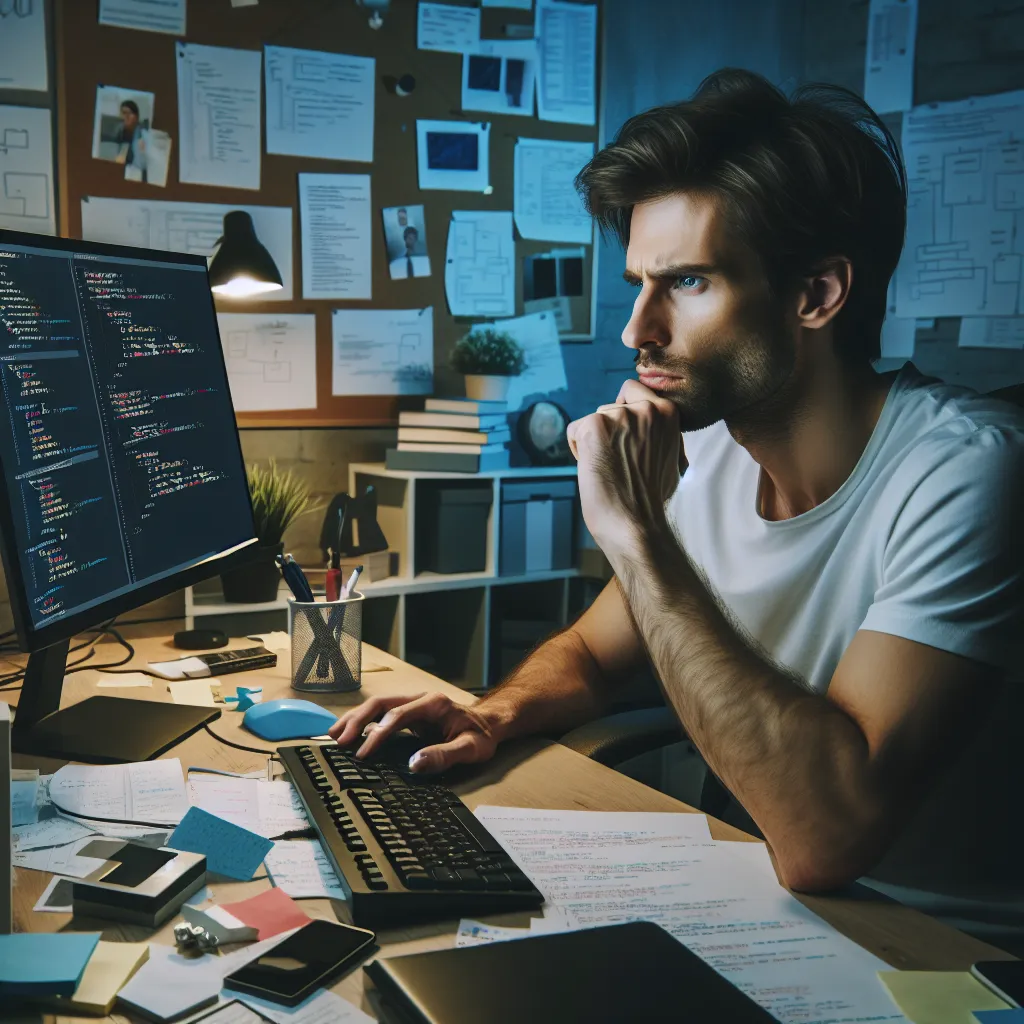 Image of a person sitting at a computer, thoughtfully analyzing code on the screen, with notes and diagrams scattered around.