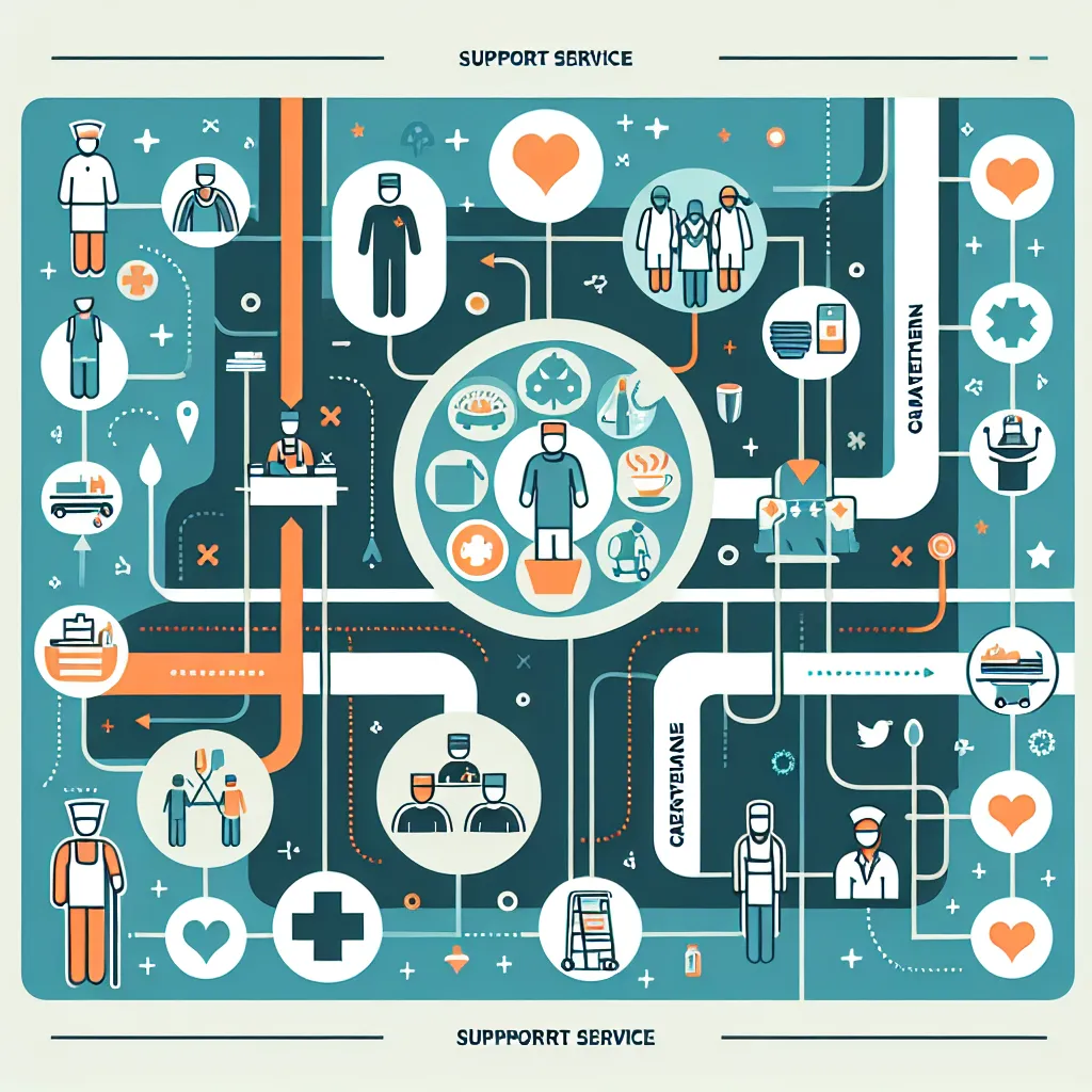 Infographic showing the essential role of support service workers in hospitals, highlighting various services like cleaning, catering, and maintenance.
