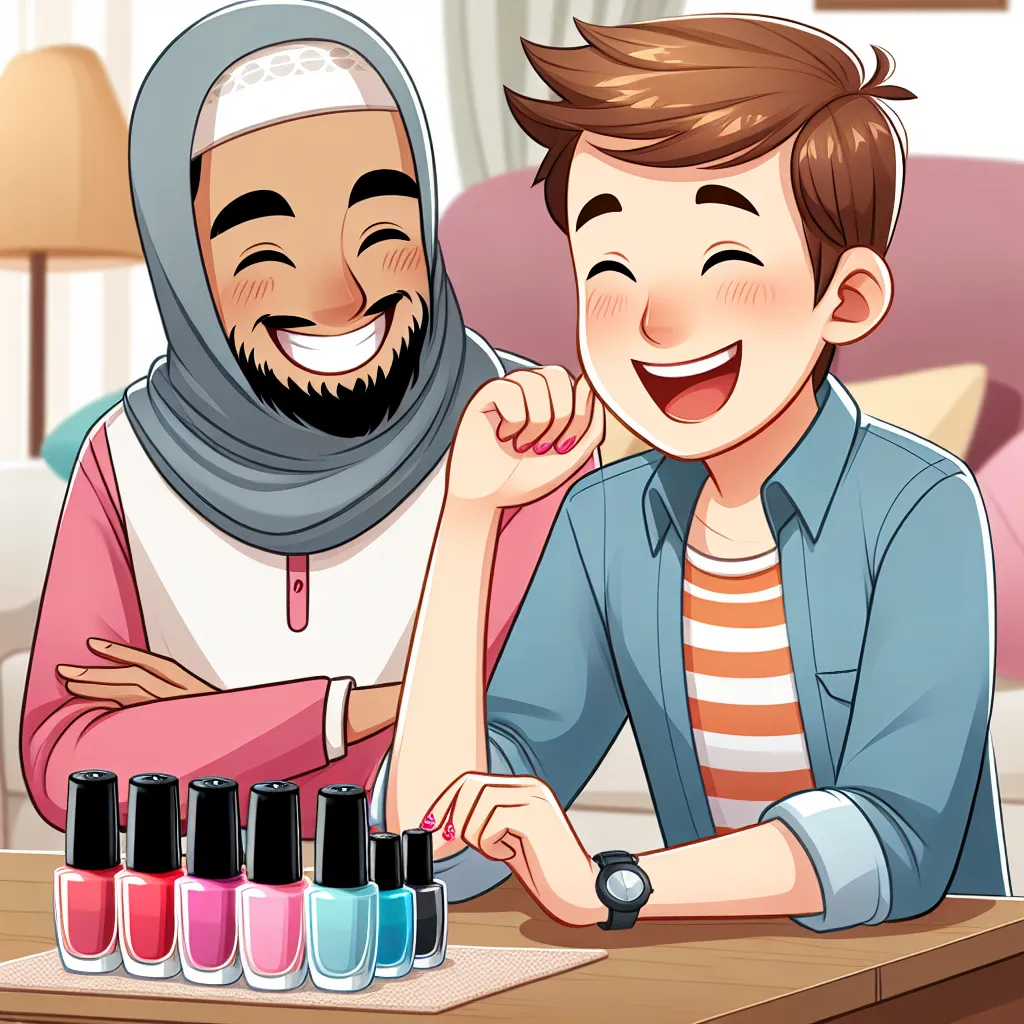 Illustration of a teenage boy and his cousin laughing together in a living room, with the boy wearing casual clothes and looking at nail polish colors.