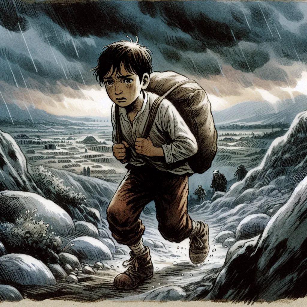 Illustration of a tense moment from Chapter 37 of "Refugee," highlighting a young boy's determined expression as he navigates a dangerous journey, with a backdrop of stormy skies and distant refugee camps.