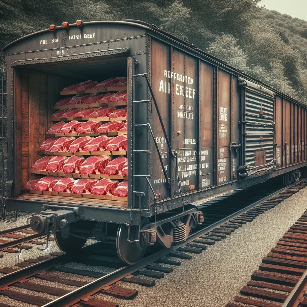 Image of a historical refrigerated box car transporting fresh beef, illustrating its importance in boosting the availability of fresh meat on the US East Coast by the late 19th century.