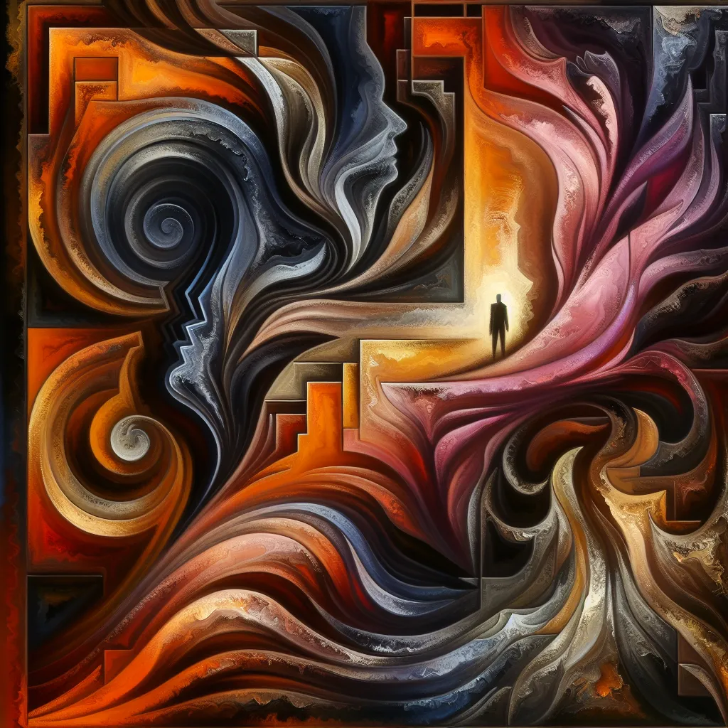 Historia, Malvado, Amor, Conflicto, Sacrificio in an abstract style