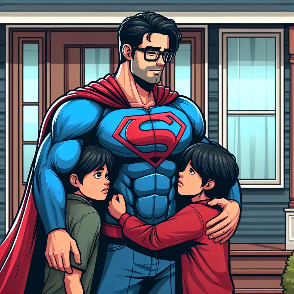 Imagen de Clark Kent en su forma de Superman, abrazando cariñosamente a dos adolescentes en la entrada de una casa, mientras una expresión de preocupación se refleja en sus rostros.