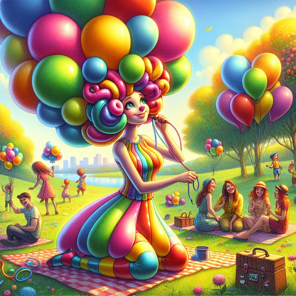 Illustration of a whimsical girl with vibrant, balloon-like features, playfully adjusting her air pressure with a smile in a sunny park setting, surrounded by friends and colorful balloons.