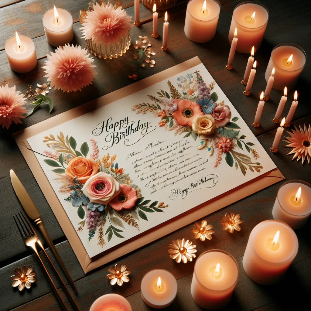 An elegantly designed letter on a wooden table, surrounded by flowers and candles, expressing heartfelt wishes for a birthday celebration.
