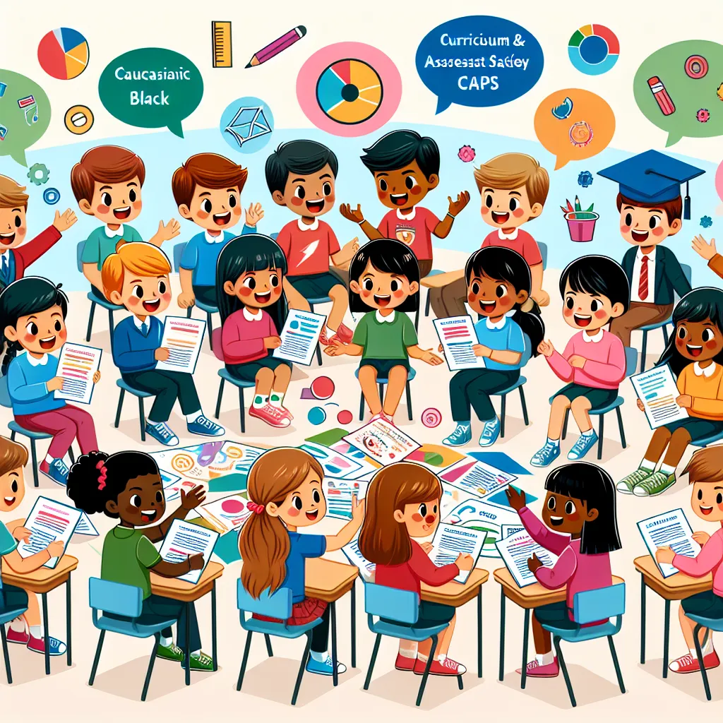 To fulfill the request for image descriptions corresponding to the above questions, here is a hypothetical image description for each part:

1. **Main issues of CAPS Overview Section**: Digital illustration of a colorful classroom scene showing diverse students discussing various educational concepts with the Curriculum and Assessment Policy Statement (CAPS) documents on their desks.

2. **Instructional Time Frames for Senior Phase**: Infographic displaying a weekly schedule with time allocation