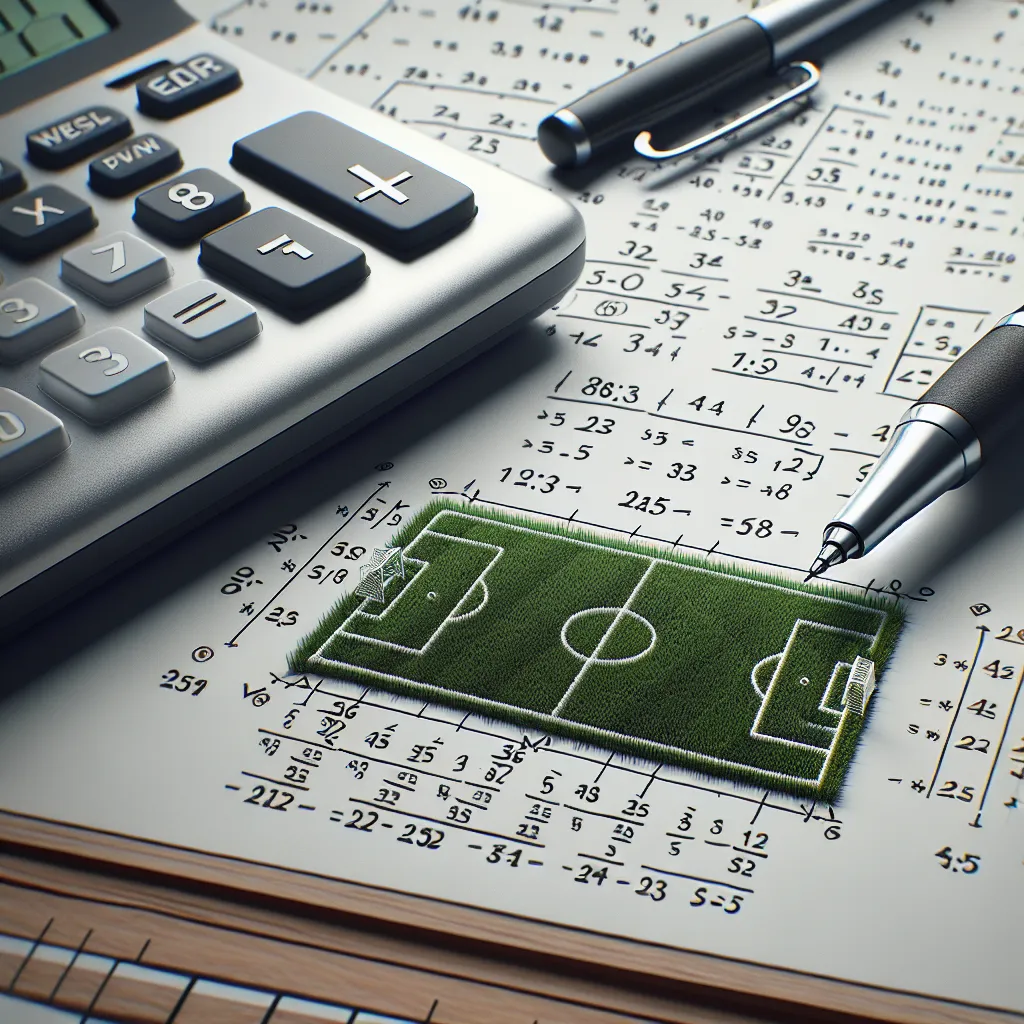 Photo of a calculator, pen, and notepad with the calculations for the soccer field area and required number of lawn rectangles visible on the paper.